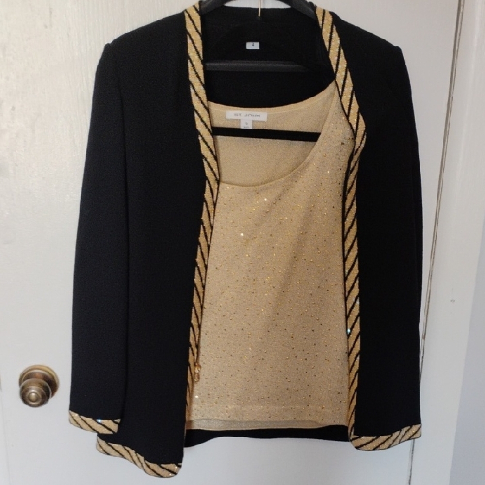 St. John Black and Gold Tweed Blazer with Elegant Trim